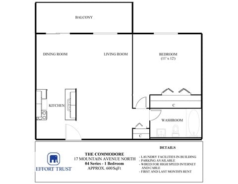 Floor plan for 1 bed, 1 bath, 600 sqft